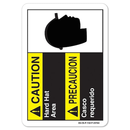 ANSI Caution Sign, Hard Hat Area-Bilingual, 18in X 12in Decal